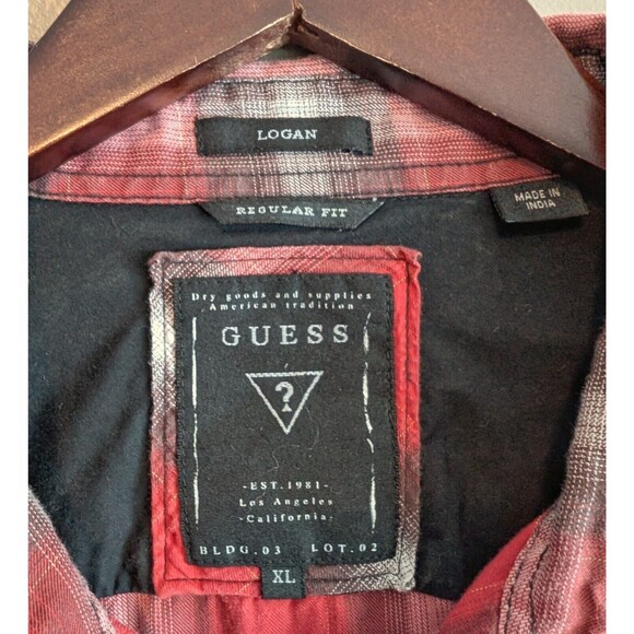 Guess Size XL Mens Lightweight Shirt Button Up Red Plaid Logan Extra Large LS - Picture 2 of 4